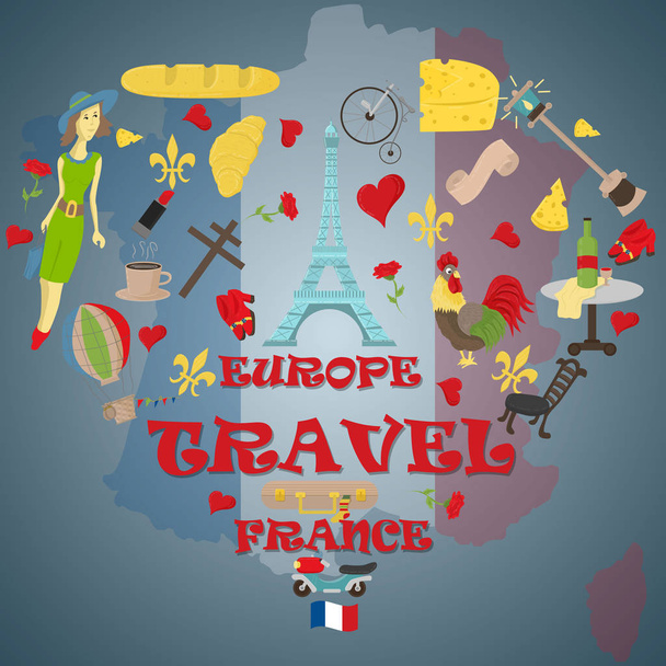 vector flat illustration travel to Europe France, symbols and attractions, set of drawings, print design and web design, all drawings on separate layers - Vector, Image