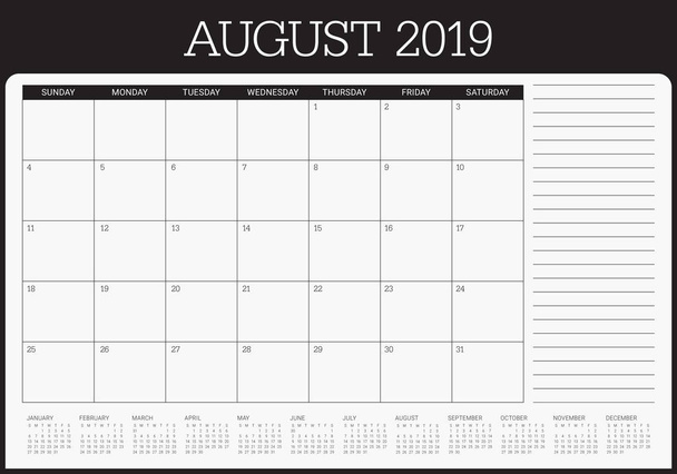 Srpen 2019 stolní kalendář vektorové ilustrace, jednoduchý a čistý design. - Vektor, obrázek