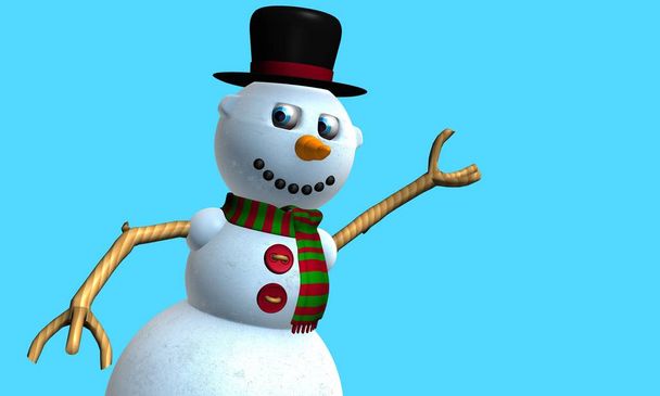 Mosolygó hó ember fekete kalap és a mellkas gombokkal piros és zöld kendő üdvözlőlap modellezhető 3D-s, a világoskék. 3D-leképezés - Fotó, kép