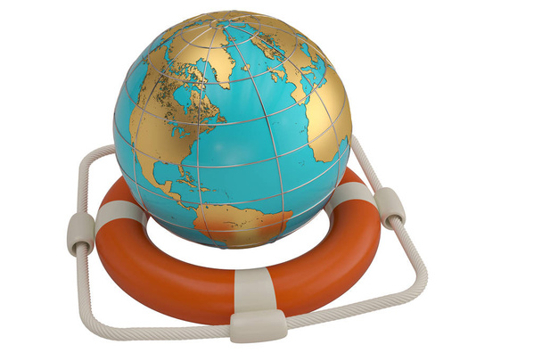 Lifebuoy and globe isolated on white background 3D illustration - Fotoğraf, Görsel