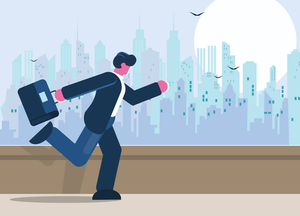 Young businessman running with briefcase, cityscape background. Ebusiness, energetic, dynamic concept. Flat style. Vector illustration. - Vector, Image
