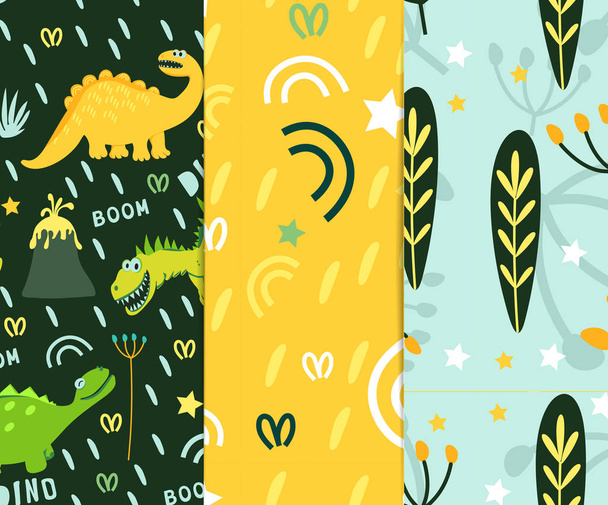 Set of seamless patterns. Yellow and green dinosaurs on a dark background. To create a collection of children's clothing, bed linen, fabrics. Style of comics and cartoons - Vecteur, image