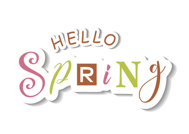 Lettering of Hello Spring with different letters in green, pink, red in paper cut style with white outline and shadow for decoration, poster, banner, greeting card, sticker, calendar - Vektör, Görsel