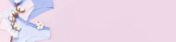 Жіночі пастельні бавовняні трусики та бавовняна квітка на рожевому тлі зверху квартира, лежала з копіювальним простором для тексту. Модний блог, Барвиста жіноча натуральна білизна, концепція рекламних покупок
. - Фото, зображення