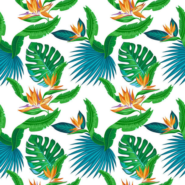 tropische patroon met gele bloemen en groene bladeren, vectorillustratie - Vector, afbeelding