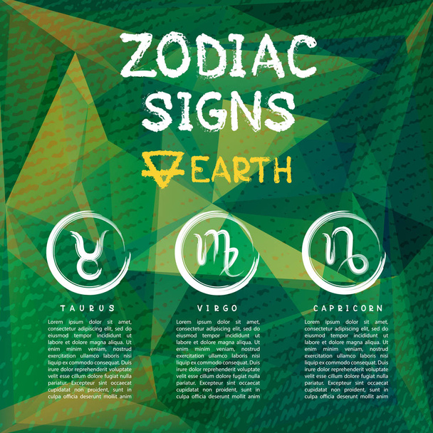 Zodiac signs according to Earth element: Taurus, Virgo, Capricorn. Zodiac constellations. Template for horoscope and astrological forecast. - Vector, Image