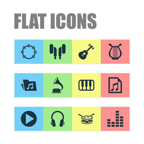 Conjunto de iconos de audio con play, auriculares, carpetas y otros elementos de lira. Iconos de audio de ilustración vectorial aislado
. - Vector, imagen