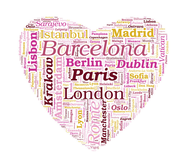 Love Shaped European Cities Vector Word Cloud on white backgroun - Vector, Image