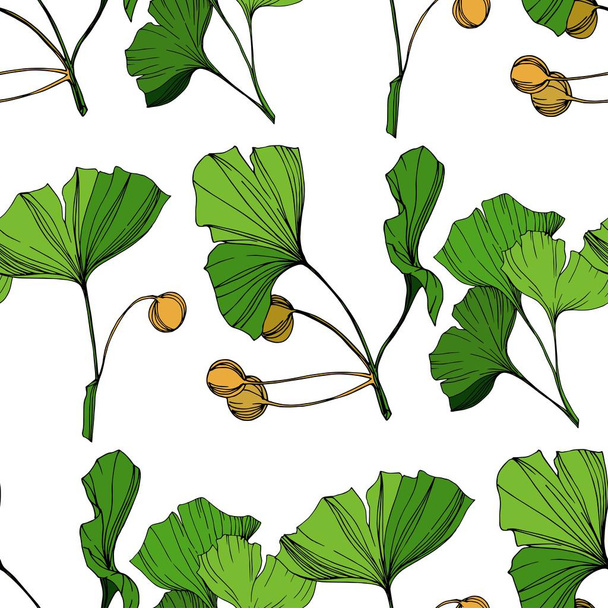 Vector Green ginkgo leaf. Engraved ink art. Seamless background pattern. Fabric wallpaper print texture. - Вектор, зображення