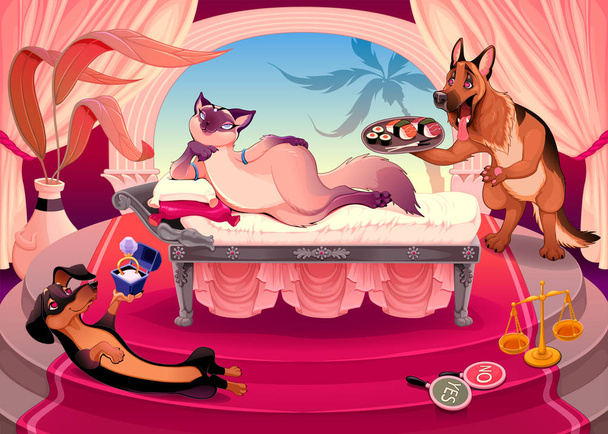 The art of seduction. Funny cartoon vector illustration representing a kitty surrounded by suitor dogs, completely  bewitched by her charm. - Vector, Image