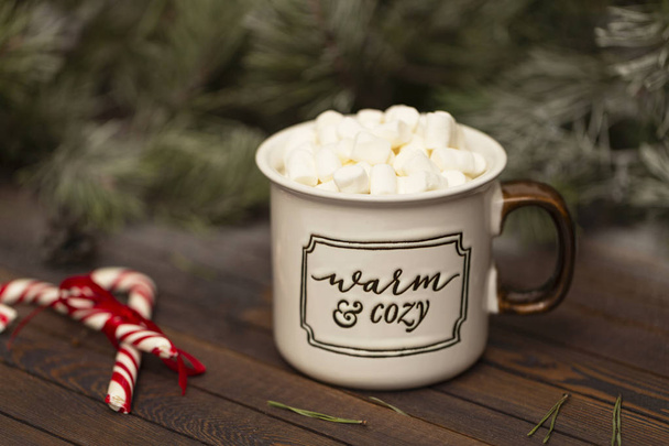 Winter hot Christmas chocolate or cocoa with marshmallow with decorations. A cup of hot chocolate with marshmallows and gingerbread on a Christmas table. - Valokuva, kuva