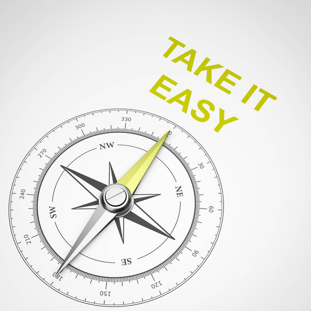 Boussole magnétique avec aiguille pointant jaune Take It Easy Texte sur fond blanc Illustration 3D
 - Photo, image