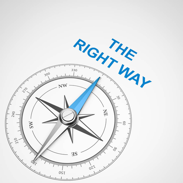 Magnetický kompas s jehlou směřující modrý správná cesta Text na bílém pozadí 3d obrázek - Fotografie, Obrázek