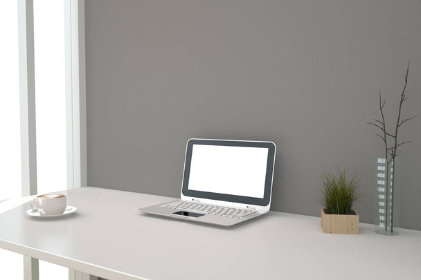 ordinateur avec écran blanc sur la table
 - Photo, image
