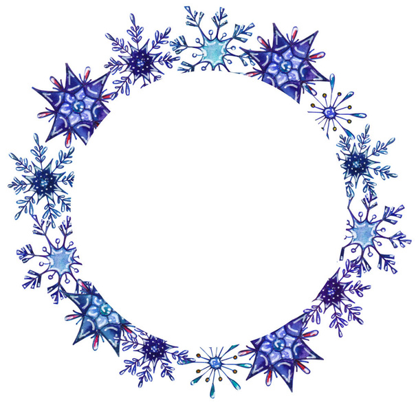 Ακουαρέλα νιφάδες χιονιού στρογγυλό πλαίσιο. Χειμώνα πρότυπο κάρτας με τη θέση για το κείμενό σας. Διακοσμητικά στεφάνια για Χριστούγεννα και νέο έτος σχεδιασμό - Φωτογραφία, εικόνα