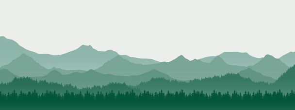 Realistic illustration of mountain landscape with hill and forest with coniferous trees, under green spring sky with space for text - vector - Vector, Image
