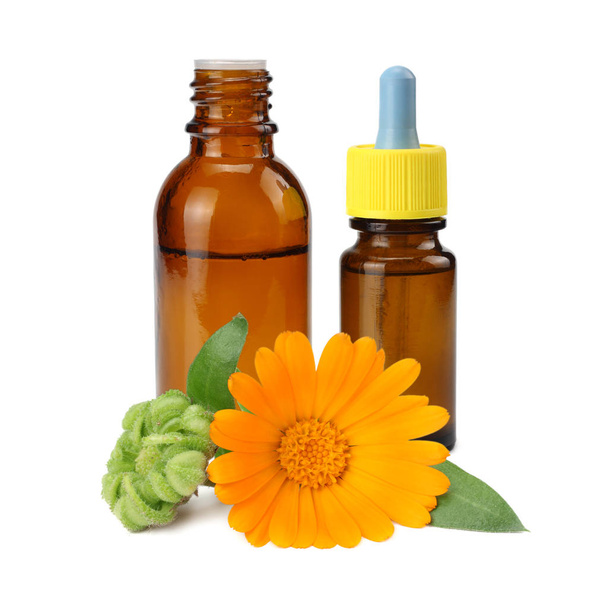 láhev s marigold olej s marigold květy izolované na bílém pozadí. kalendář květ. - Fotografie, Obrázek