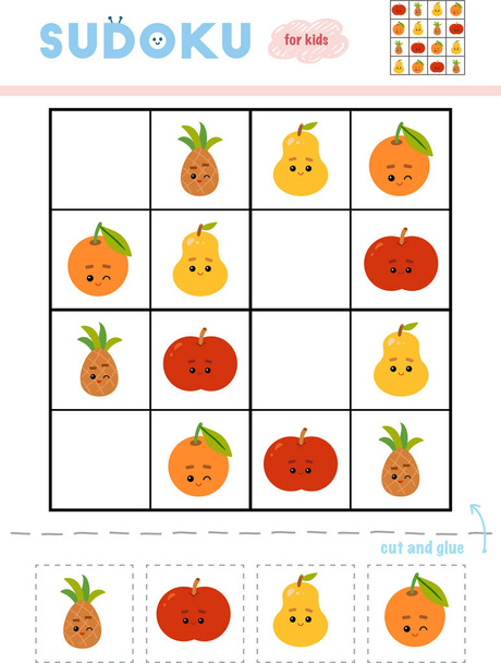 Sudoku for children, education game. Set of fruits with funny faces. Use scissors and glue to fill the missing elements - Vector, Image