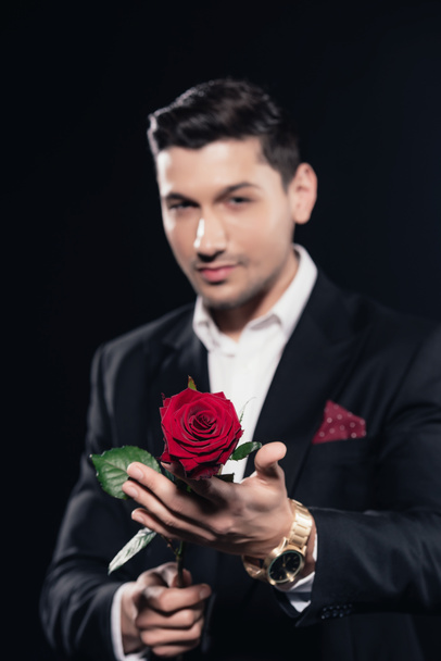 selective focus of red rose in hands of man in suit isolated on black - Photo, image