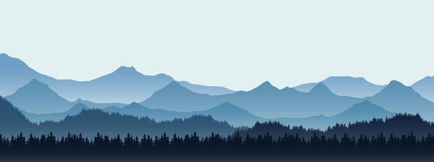 Реалистичная иллюстрация горного ландшафта с холмом и лесом с хвойными деревьями, под голубым зимним небом с пространством для текста - вектор
 - Вектор,изображение