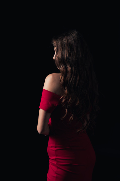 back view of woman in red dress posing isolated on black - Valokuva, kuva