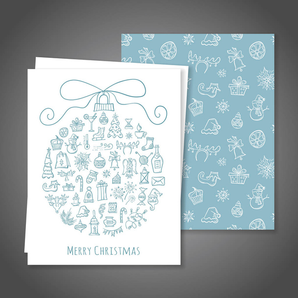 Tarjeta de felicitación navideña. Plantilla de tarjetas con símbolos de vacaciones dibujados a mano. Ilustración vectorial
. - Vector, imagen