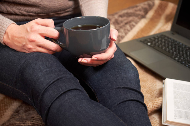 Woman with a Cup of tea, a book,  mittens and a laptop on a blanket. Selective focus - Fotó, kép