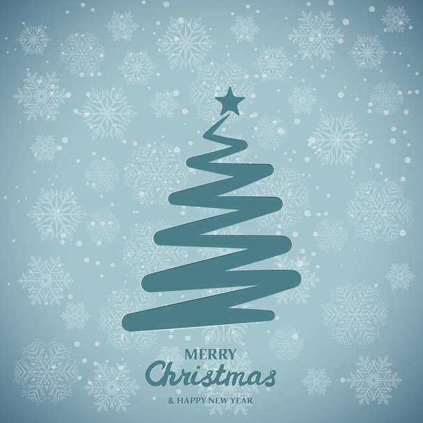 stilisierter Weihnachtsbaum auf Schneeflocken-Hintergrund. blauer Schnee Hintergrund. Weihnachtsbaum aus Papier. Frohe Weihnachten Grußkarte - Vektor, Bild