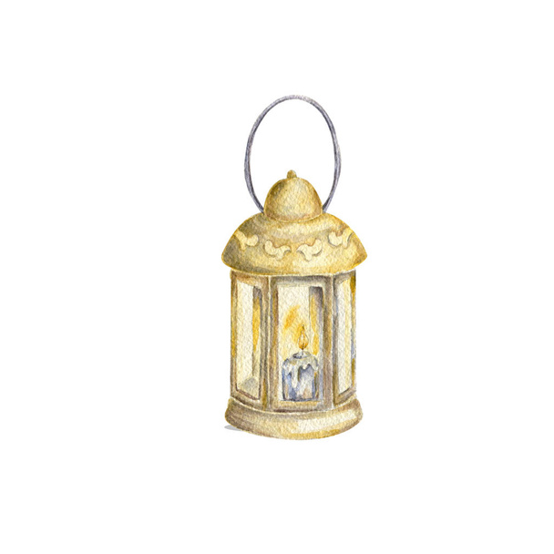 Watercolor old lamp, painting drawing bright old fashioned hand flashlight. Kerosene lamp or candle houses old lamp birthday, wedding Geometric illustration Objects isolated on white background - Foto, immagini