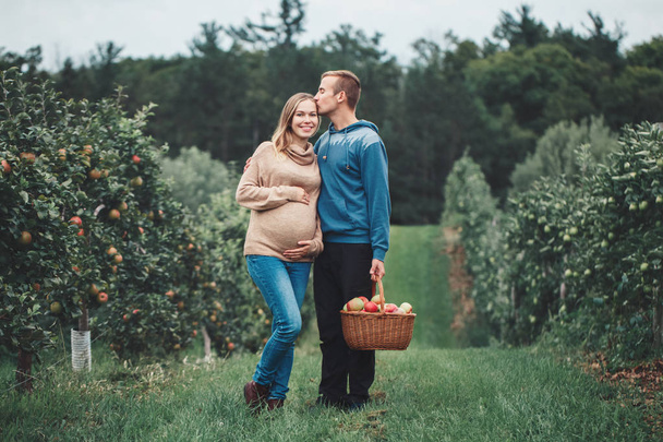 Ευτυχισμένο και υγιή εγκυμοσύνη και γονείς. Πορτραίτο του έγκυος νεαρή ξανθιά καυκάσιος γυναίκα με άντρα στο αγρόκτημα της apple. Όμορφη, αναμένοντας την μητέρα και το μέλλον του πατέρα στο ύπαιθρο, ρουστίκ στυλ - Φωτογραφία, εικόνα