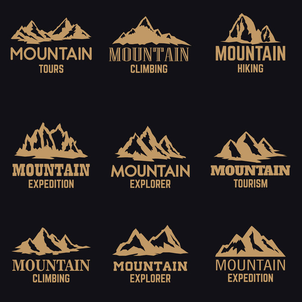 Conjunto de iconos de montaña en estilo dorado aislados sobre fondo oscuro. Elementos de diseño para logotipo, etiqueta, emblema, signo. Ilustración vectorial
 - Vector, imagen