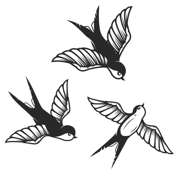 Conjunto de ilustraciones de golondrinas dibujadas a mano sobre fondo blanco. Elementos de diseño para póster, tarjeta. Imagen vectorial
 - Vector, imagen