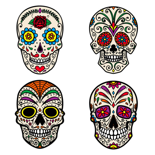 Set of colorful sugar skull isolated on white background. Day of the dead. Dia de los muertos. Design element for poster, card, banner, print. Vector illustration - Vektor, Bild