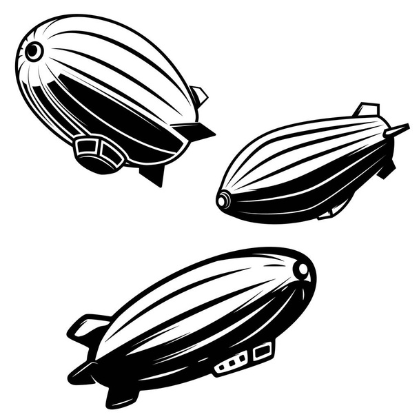 Set of aerostat illustrations on white background. airships zeppelins. Design elements for logo, label, emblem, sign. Vector image - Vektör, Görsel