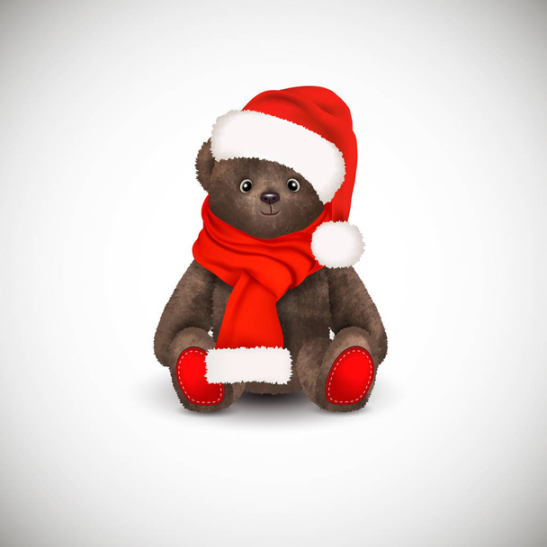 Sentado mullido lindo oso de peluche marrón con sombrero de Santa Claus de Navidad una bufanda larga roja. Juguete infantil aislado sobre fondo blanco. Ilustración vectorial realista
. - Vector, imagen