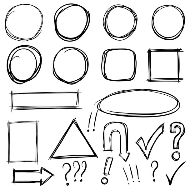 Conjunto de flechas dibujadas a mano, signos, cuadrados, círculos. Elementos de diseño para póster, volante, banner. Ilustración vectorial
 - Vector, imagen