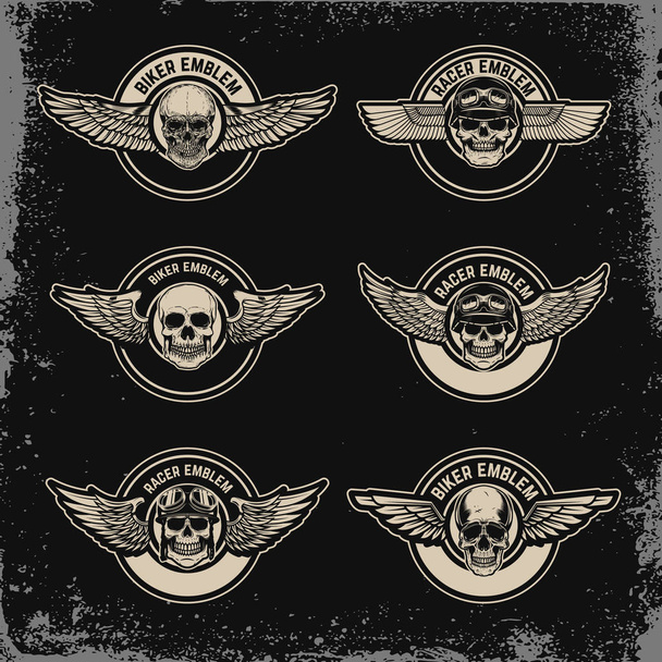 Set of emblems template with wings and skull. For logo, label, badge, sign. Vector image - Vetor, Imagem