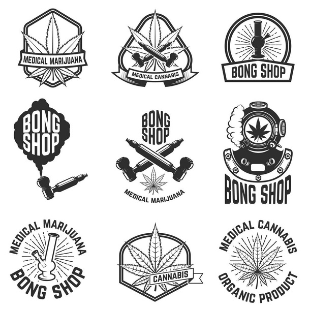 Set of vintage emblems with medical marijuana. Cannabis leaves. Design element for logo, label, emblem, sign, poster, t shirt. Vector illustration - Vector, Image