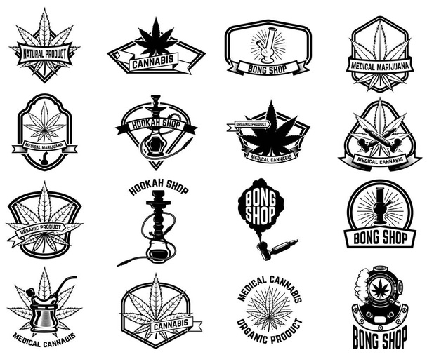 Set of vintage emblems with medical marijuana. Cannabis leaves. Design element for logo, label, emblem, sign, poster, t shirt. Vector illustration - ベクター画像
