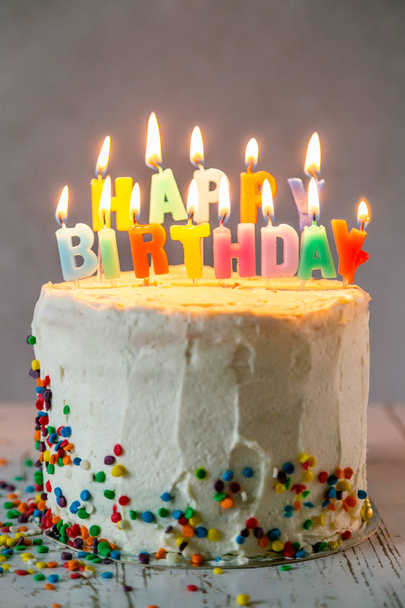 Colorful birthday concept - cake, candles, presents, decorations - Zdjęcie, obraz