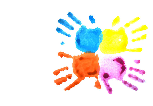 Rózsaszín és kék childs handprints elszigetelt fehér. - Fotó, kép