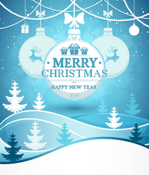 Feliz Natal e Feliz Ano Novo cumprimentando fundo do cartão na paisagem de inverno com ilustração vetorial de queda de neve
 - Vetor, Imagem