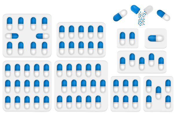 Illusztráció a téma nagy színes készlet különböző típusú tabletták belsejében szoros buborékcsomagolás. Tabletta minta, amely gyűjtemény hólyagok minőség-ellenőrzés. Műanyag buborékcsomagolás a jogorvoslat tabletta paracetamol. - Vektor, kép