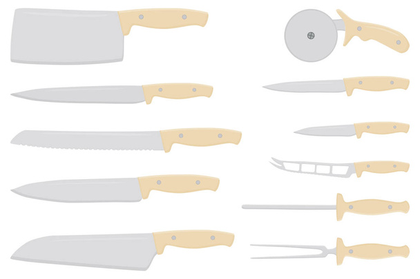 Иллюстрация на тему большой цветной набор различных типов ножей разного размера для мясника. Рисунок состоит из коллекционного аксессуара для мясника на кухне. Мясник с кухонными ножами для еды
. - Вектор,изображение