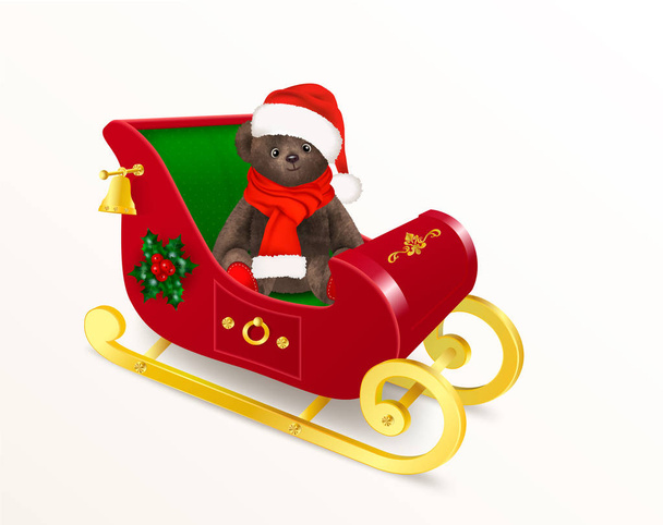 Плюшевий ведмедик іграшку, сидячи в Санта-Клауса сани. Милий плюшевий ведмідь, носіння червоного пухнастий капелюхи і довгий шарф. Реалістичний значок або об'єкт для Різдвяного дизайну. Векторні ілюстрації. - Вектор, зображення