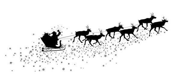 Silhouette du Père Noël et des cerfs. Flocons de neige et astérisques. - Vecteur, image