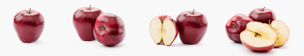 collage de manzanas rojas deliciosas enteras y cortadas a la mitad sobre fondo blanco
 - Foto, Imagen