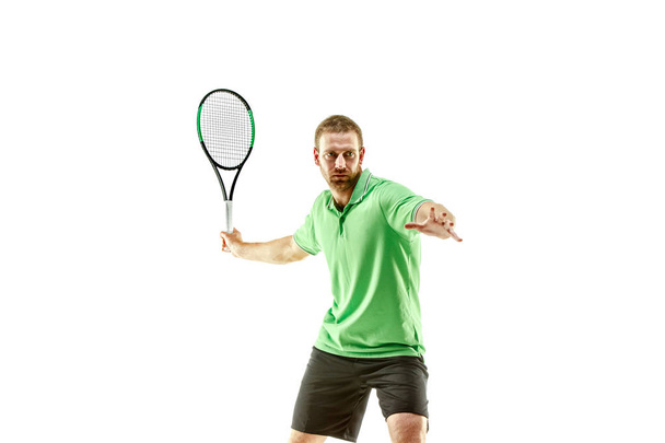 one caucasian man playing tennis player isolated on white background - Fotó, kép
