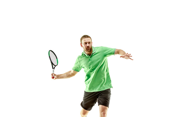 one caucasian man playing tennis player isolated on white background - Fotografie, Obrázek