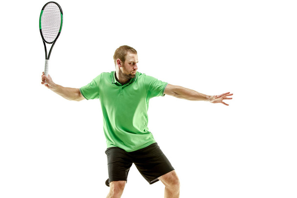 one caucasian man playing tennis player isolated on white background - Foto, Imagem